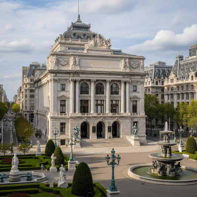 A wide-angle photograph of Beaux-Arts, a type of architecture, situated in its typical environment or setting