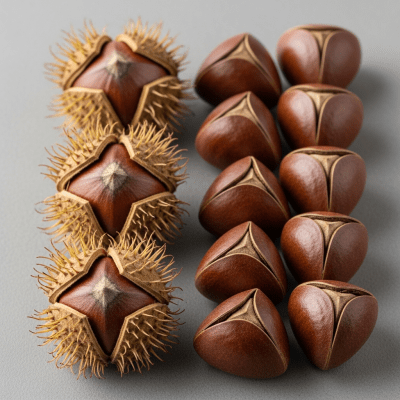 Image of a handful of unshelled and shelled Beech nut (nuts), side by side