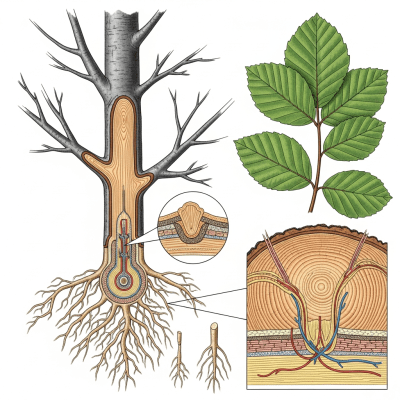 Detailed botanical illustration of the internal structure of a Beech