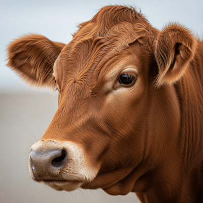 Close-up photograph of the head and face of a Beefmaster, focusing on distinctive features such as eyes, ears, and fur texture