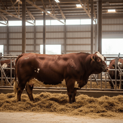 Documentary-style image of a Beefmaster in a barn or shelter environment, showing typical housing conditions for cows