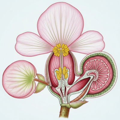 Cross-sectional illustration of a Begonia (flowers), showing internal parts such as stem, petals, and reproductive organs