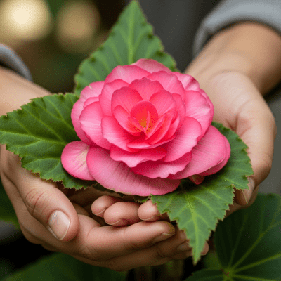 Photograph of a Begonia (flowers) being held or interacted with by a person in a gentle way