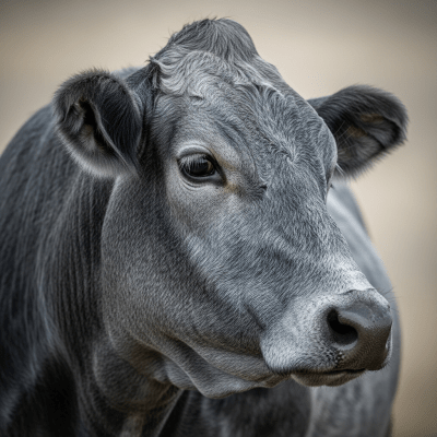 Close-up photograph of the head and face of a Belgian Blue, focusing on distinctive features such as eyes, ears, and fur texture