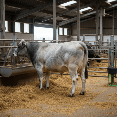 Documentary-style image of a Belgian Blue in a barn or shelter environment, showing typical housing conditions for cows