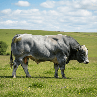 Naturalistic image of a Belgian Blue in its typical environment, such as a grassy pasture or open field