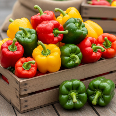 Image showing freshly harvested Bell Pepper, displayed in a farmer's market basket or crate