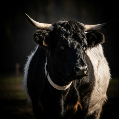 Editorial-style portrait of a Belted Galloway from the taxonomy cows, with dramatic lighting and shallow depth of field to highlight unique features or markings.