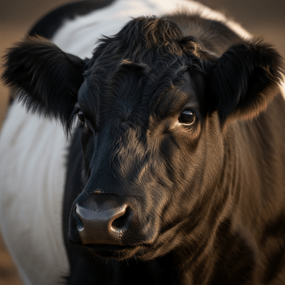 Close-up photograph of the head and face of a Belted Galloway, focusing on distinctive features such as eyes, ears, and fur texture