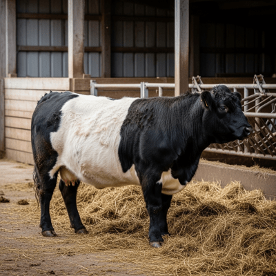 Documentary-style image of a Belted Galloway in a barn or shelter environment, showing typical housing conditions for cows