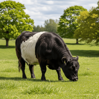 Naturalistic image of a Belted Galloway in its typical environment, such as a grassy pasture or open field