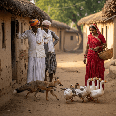 Image of a Bengal Fox interacting with humans in a cultural or practical context