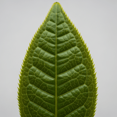 Macro photograph focusing on the texture and details of Benifuuki leaves, within the taxonomy teas
