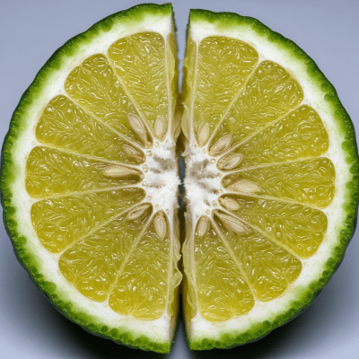 A detailed close-up cross-sectional image of a Bergamot Orange from the oranges taxonomy, sliced cleanly in half to reveal the interior segments, pulp, and rind structure