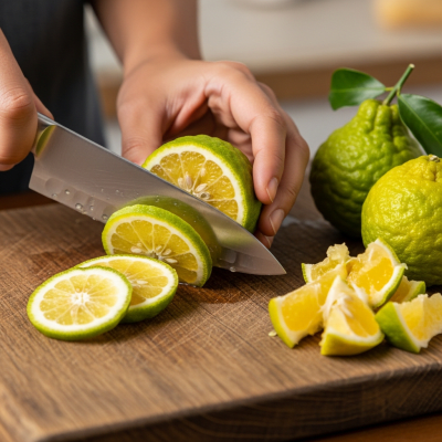 A realistic depiction of a Bergamot Orange from the oranges taxonomy being used in a culinary context, such as being sliced on a cutting board or prepared for juice