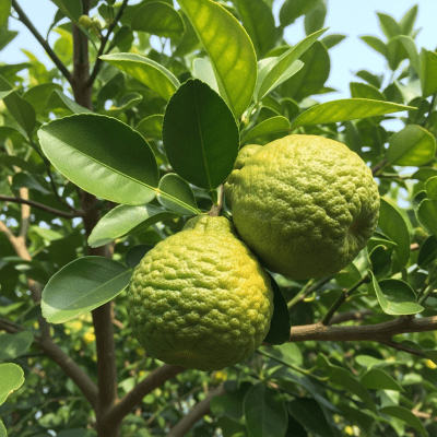 A naturalistic scene featuring a Bergamot Orange from the oranges taxonomy growing on a tree with leaves and branches visible
