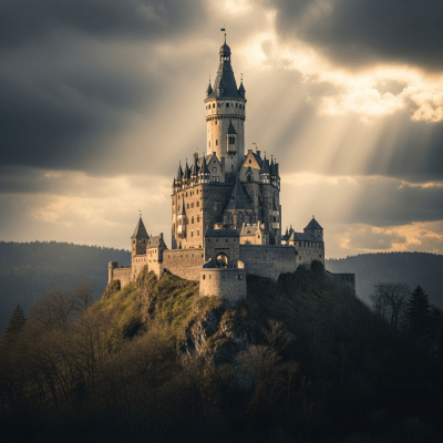 Editorial-style dramatic image of a Bergfried Castle, part of the castles taxonomy.