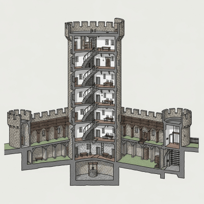 A detailed cross-sectional illustration of a Bergfried Castle, from the castles taxonomy