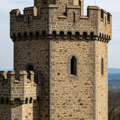 A close-up image focusing on unique architectural details of a Bergfried Castle, from the castles taxonomy