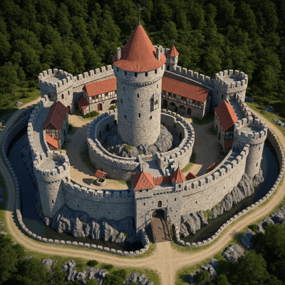 A bird's-eye view rendering of a Bergfried Castle, classified in the castles taxonomy