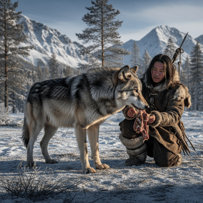 Image of a Beringian Wolf interacting with humans in a cultural or practical context