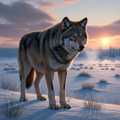 Photograph of a Beringian Wolf, part of the taxonomy canines, in its typical natural environment