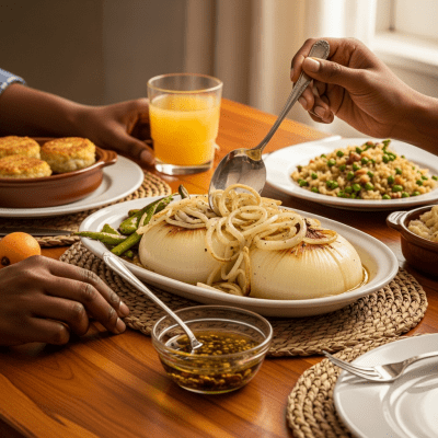 A cultural representation of a Bermuda onion (onions) featured in a traditional dish or meal setting
