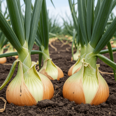 A photograph of a Bermuda onion (onions) in its natural environment or growing in soil