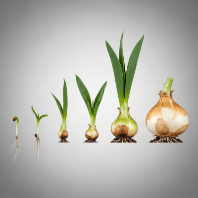 An image showing multiple stages of growth for a single type of Bermuda onion (onions), from seedling to mature bulb