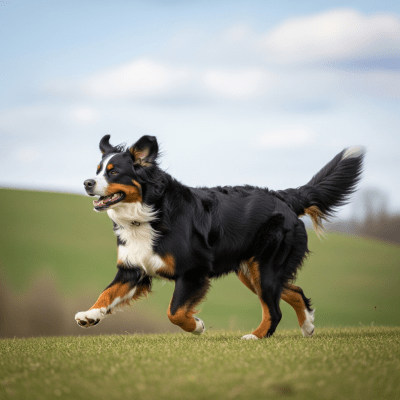 Full body action shot of a Bernese Mountain Dog