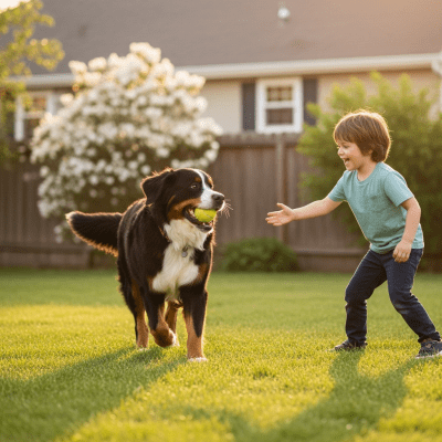 Image of a Bernese Mountain Dog interacting with humans in a typical cultural or domestic setting
