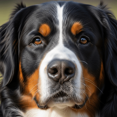 Close-up photograph of the face of a Bernese Mountain Dog