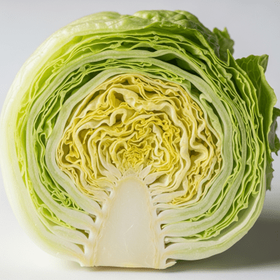 Detailed close-up image of a freshly cut cross-section of Bibb Lettuce, of the taxonomy lettuce