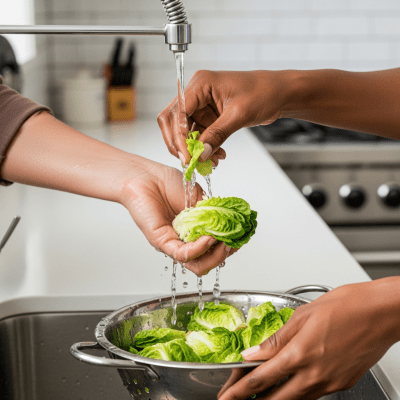 Photograph of a diverse pair of hands preparing or serving Bibb Lettuce in a kitchen setting