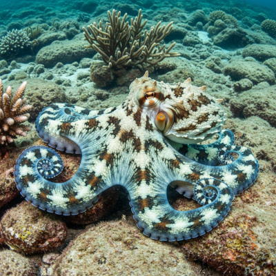 Illustration of a Big Blue Octopus displaying camouflage behavior within its environment, blending into rocks, sand, or coral