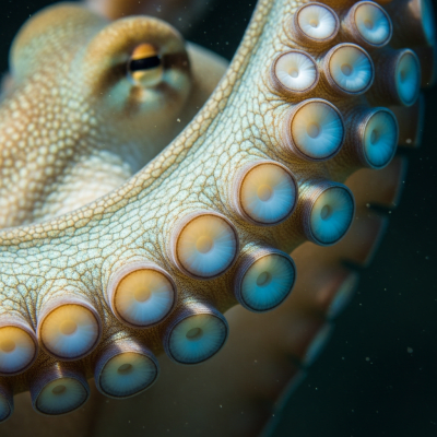 Naturalistic close-up photograph of a single arm of a Big Blue Octopus, focusing on the suckers, skin texture, and coloration details