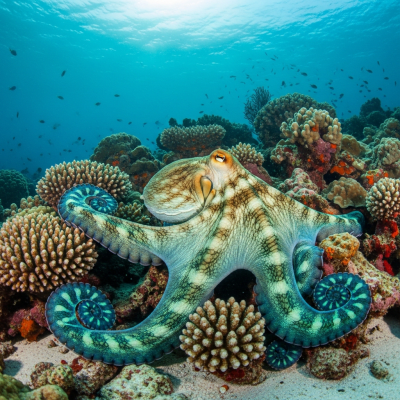 A realistic underwater scene featuring a Big Blue Octopus of the taxonomy octopuses in its natural marine environment