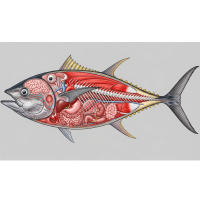 Detailed anatomical illustration of a Bigeye Tuna, part of the taxonomy fish
