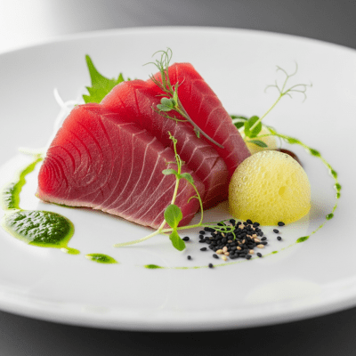 A culinary presentation featuring a prepared dish made with Bigeye Tuna, of the taxonomy fish