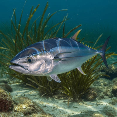Underwater scene featuring a single Bigeye Tuna