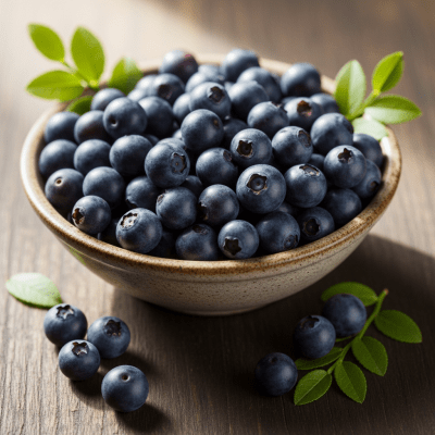 A high resolution image of several fresh Bilberrys arranged in a simple bowl, representing their use within the taxonomy berries