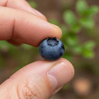 A factual photograph of a hand holding a ripe Bilberry, illustrating its size and appearance for the taxonomy berries
