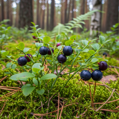 A naturalistic photograph of a Bilberry growing on its plant in its typical environment, representing the taxonomy berries