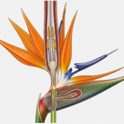 Cross-sectional illustration of a Bird of Paradise (flowers), showing internal parts such as stem, petals, and reproductive organs