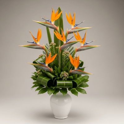 Image of a Bird of Paradise (flowers) arranged in a traditional bouquet or floral arrangement