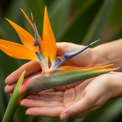 Photograph of a Bird of Paradise (flowers) being held or interacted with by a person in a gentle way