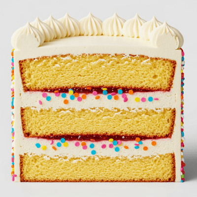 Detailed cross-sectional view of a sliced Birthday Cake (cake), showing internal layers, textures, and ingredients
