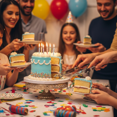 A scene showing the Birthday Cake (cake) being served or enjoyed at a festive occasion, such as a birthday party or wedding