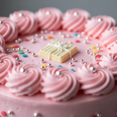 Close-up macro photograph of the surface texture and decoration of a Birthday Cake (cake)
