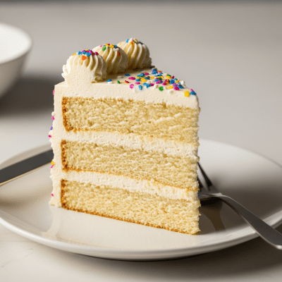 An image of a single slice of Birthday Cake, from the cake taxonomy, isolated on a plate with simple cutlery